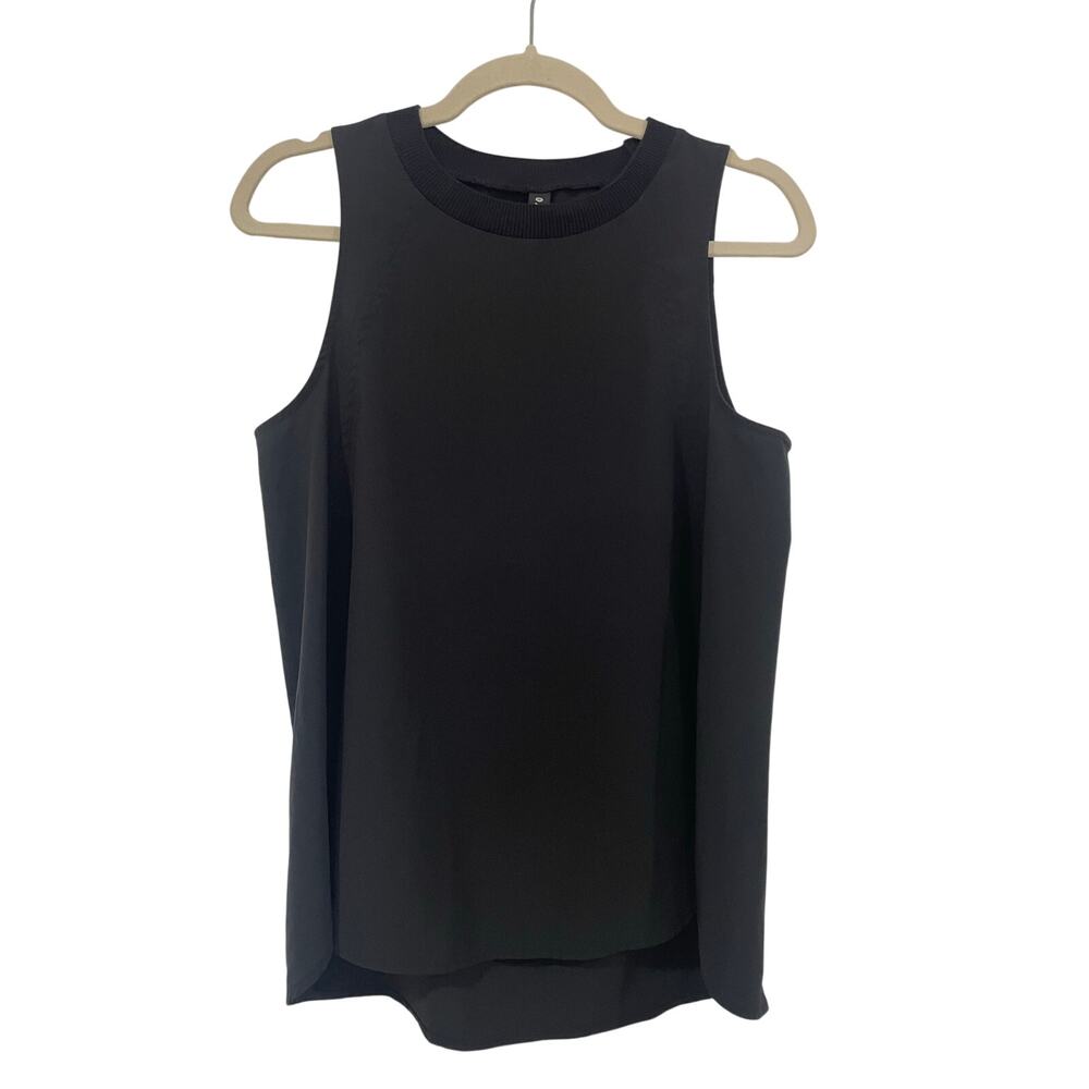 Athleta Zephyr Tank Black Woven High Low Sleeveless Top Ribbed Crew Neck Small